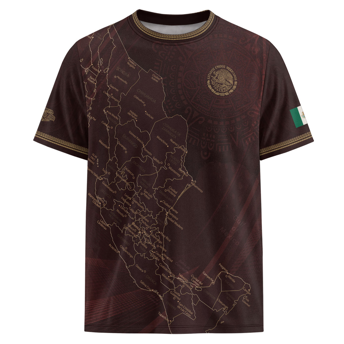 Camiseta de fútbol con diseño del mapa de México en color burdeos con orgullo azteca