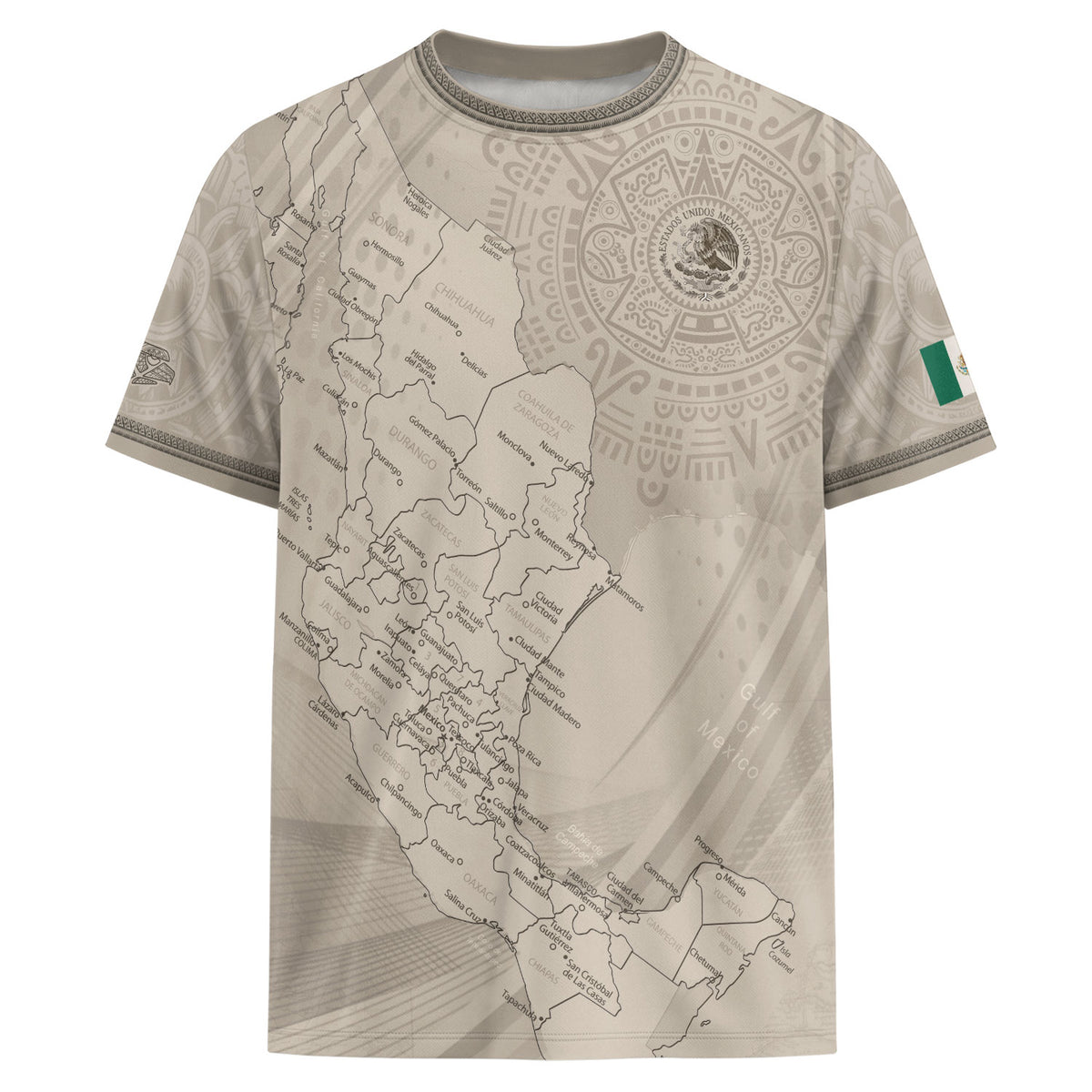 Camiseta de fútbol con diseño de mapa beige de México con orgullo azteca