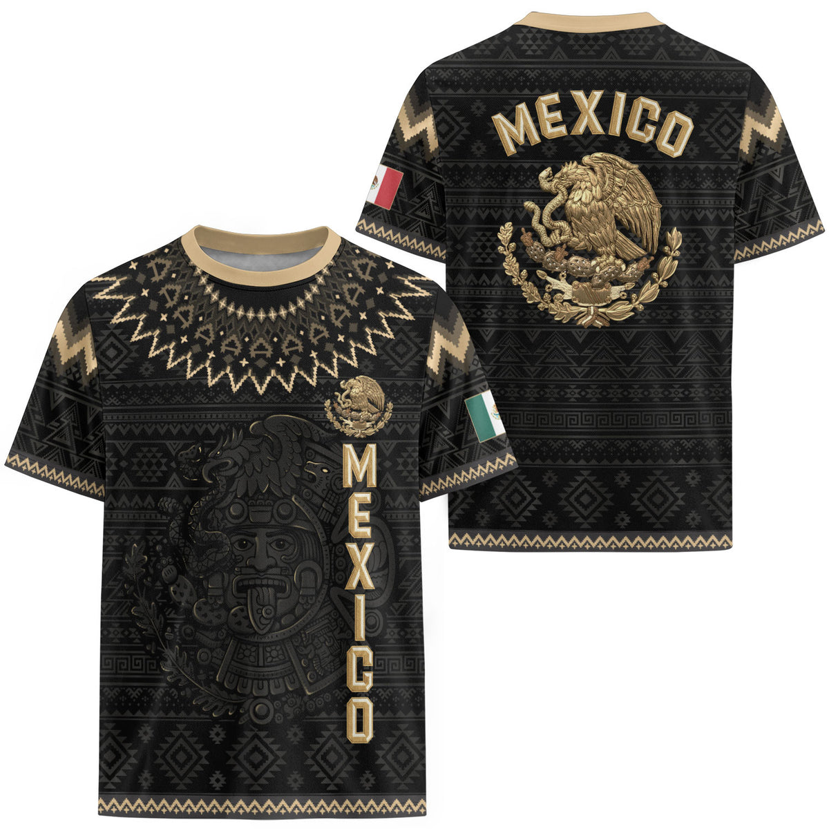 Camiseta de fútbol premium con emblema de águila azteca verde y dorado de México