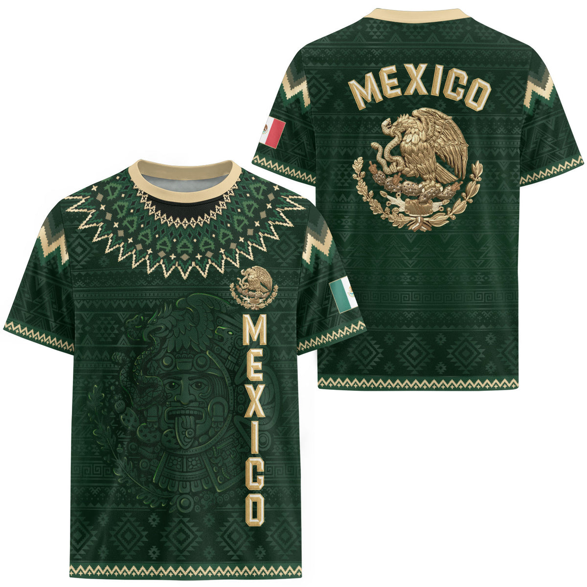 Mexico Heritage Soccer Jersey, Green Gold Aztec Calendar Design Sports Jersey for Men