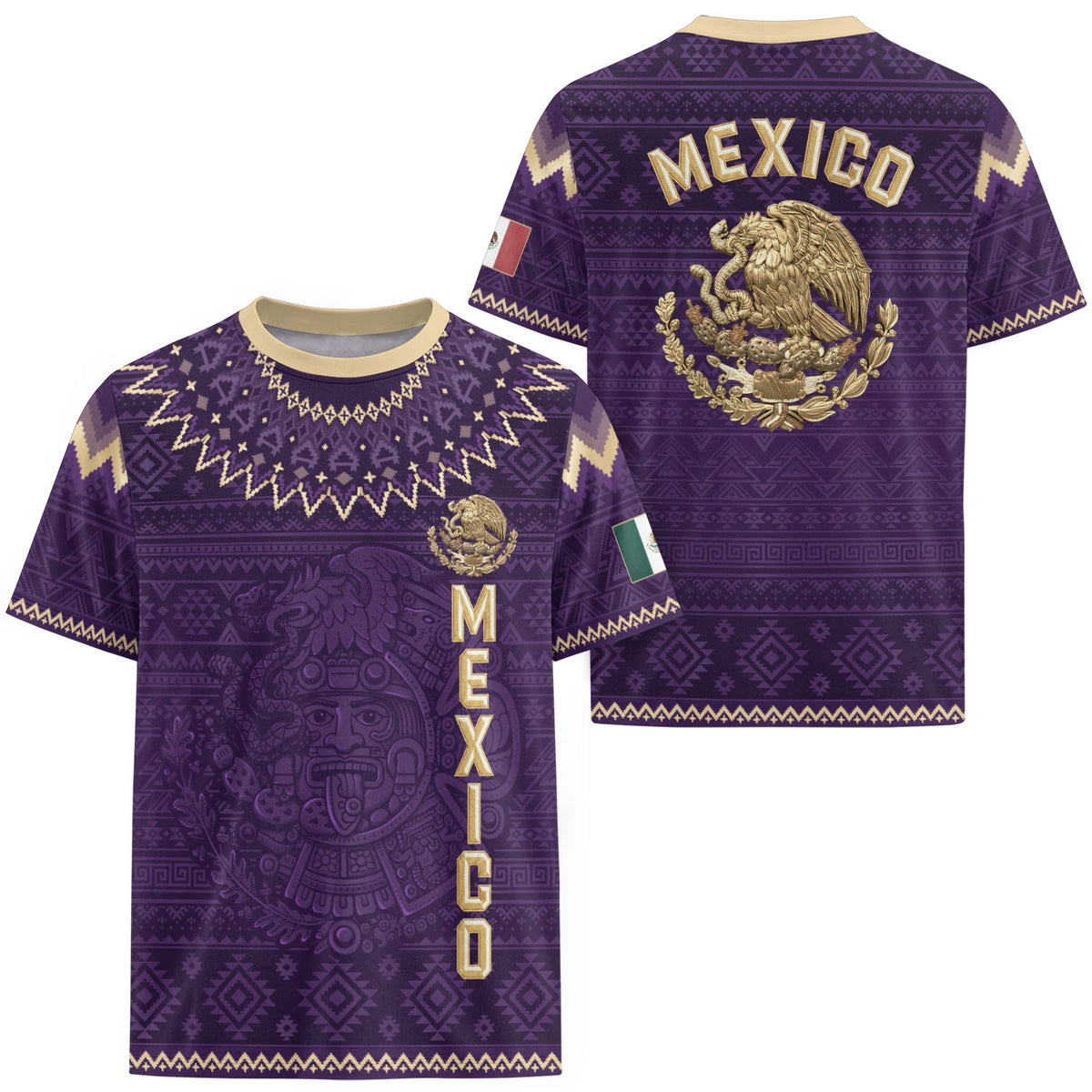 Mexico Heritage Soccer Jersey, Purple Gold Aztec Calendar Design Sports Jersey for Men