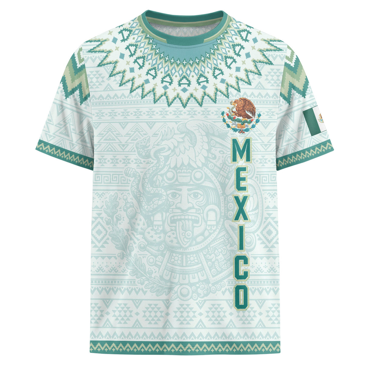Mexico Soccer Jersey Men Aztec Calendar White Teal Adult Football Shirt Sportswear Tee