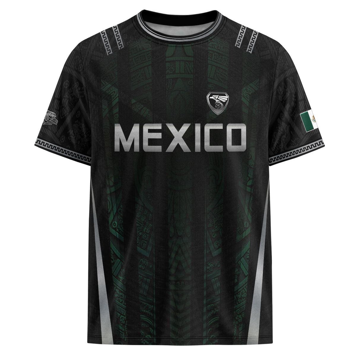 Mexico Soccer Jersey Black Eagle Crest Football Fan Men Shirt Aztec Design Tee
