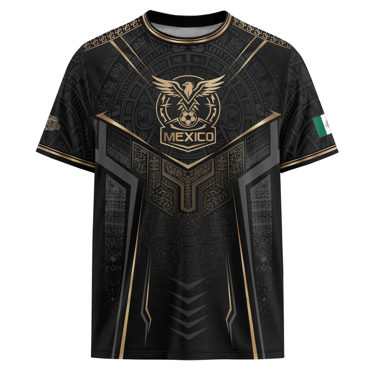 Mexico Soccer Jersey - Black & Gold Aztec Sun Stone Tribal Football Shirt