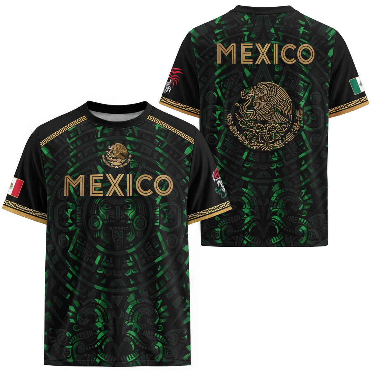 Camiseta de fútbol premium con emblema de águila azteca verde y dorado de México