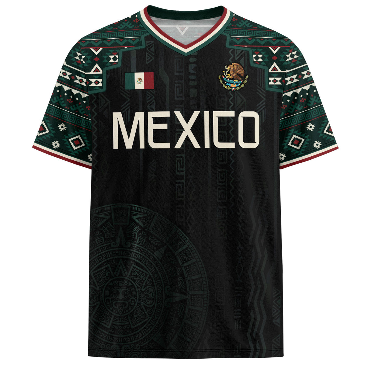 Mexico Soccer Jersey Black Edition V Neck Unisex Shirt Aztec Patterned Football Top