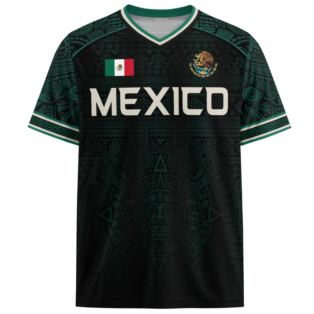 Mexico Soccer Jersey Dark Green V Neck Unisex Shirt Aztec Calendar Graphic Football Top