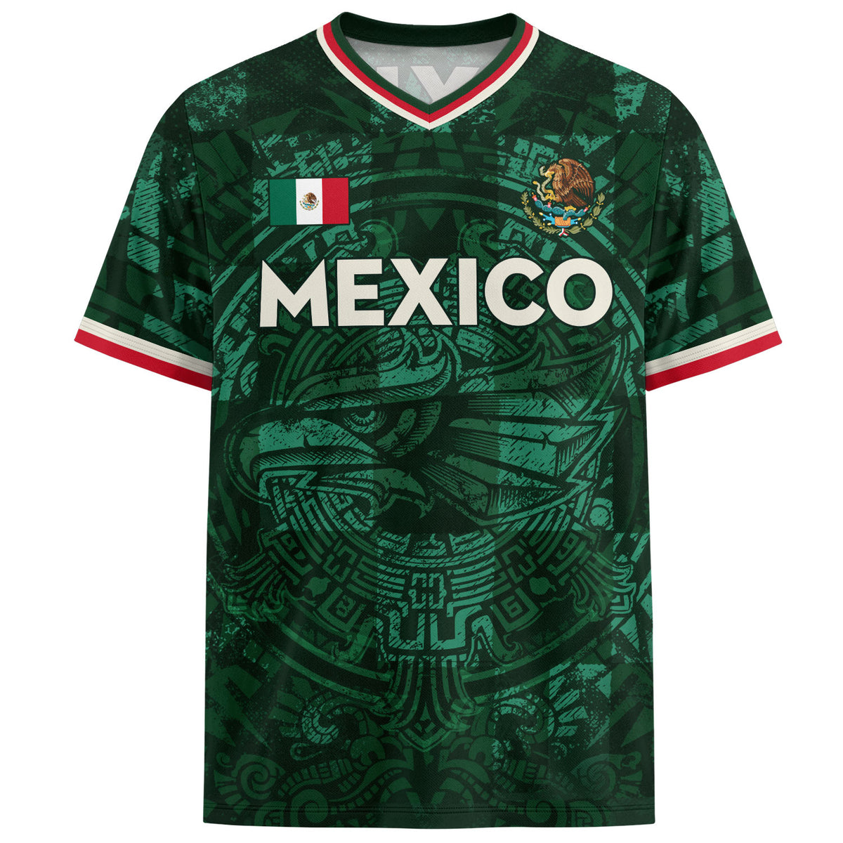 Mexico Soccer Jersey V Neck Unisex Green Shirt Aztec Warrior Eagle Pattern Football Apparel