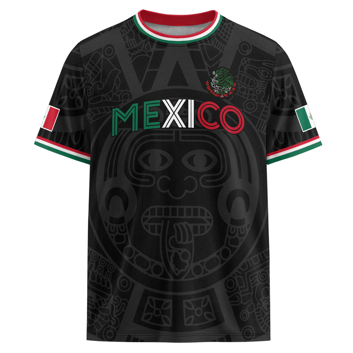 Camiseta de fútbol de México con estampado azteca negro y detalles tricolores