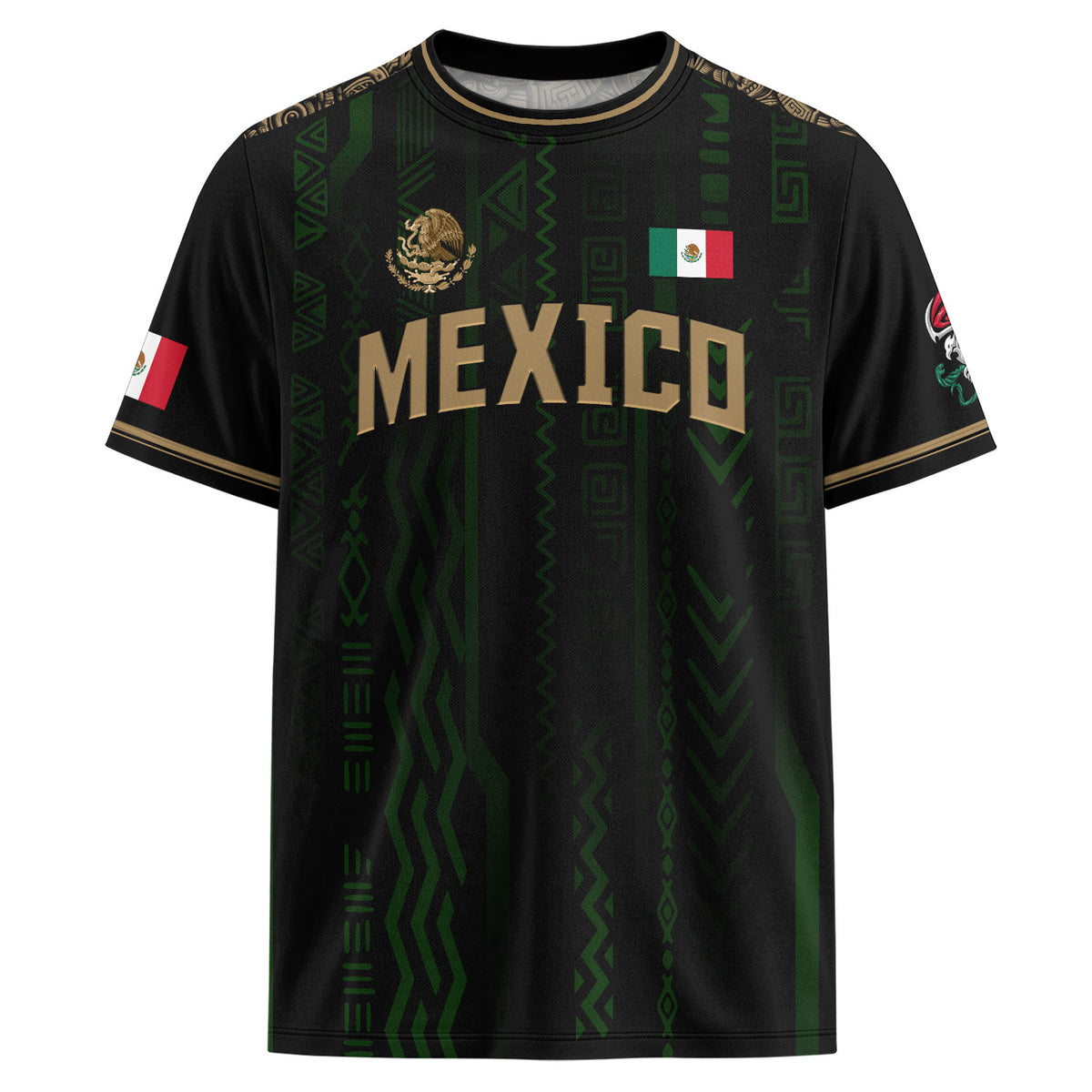 Mexico Soccer Jersey Black & Gold Aztec Design
