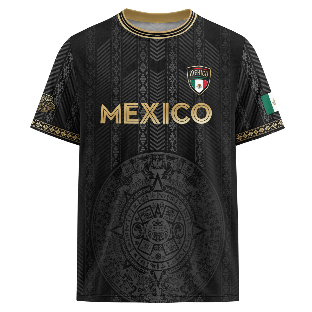 Camiseta de fútbol de México con diseño de calendario azteca, color negro y dorado