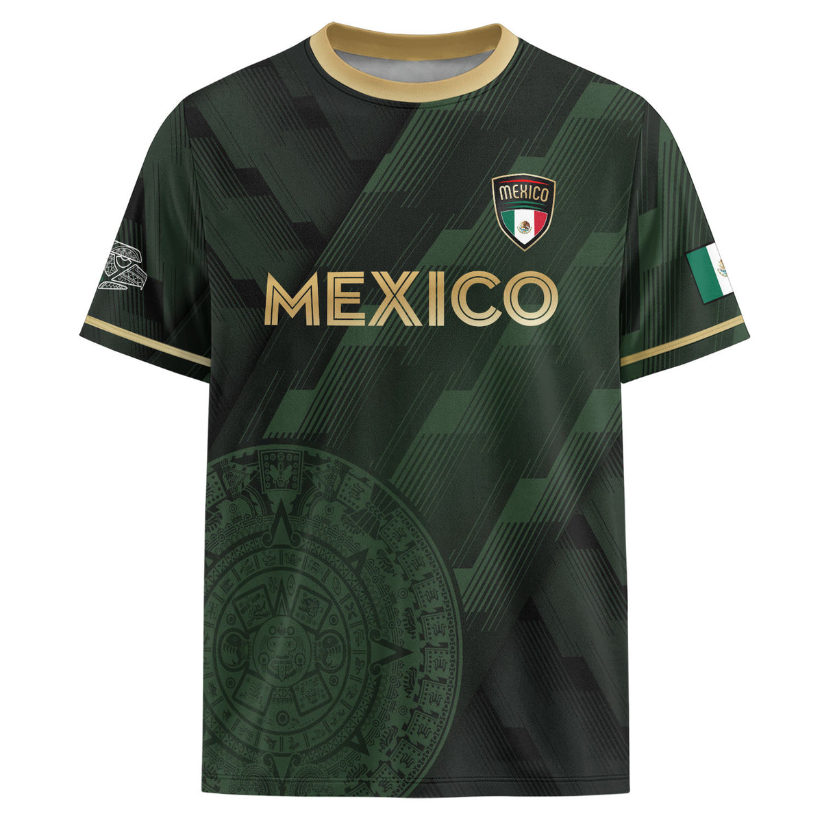 Mexico Green Soccer Jersey with Golden Aztec Sunstone Design