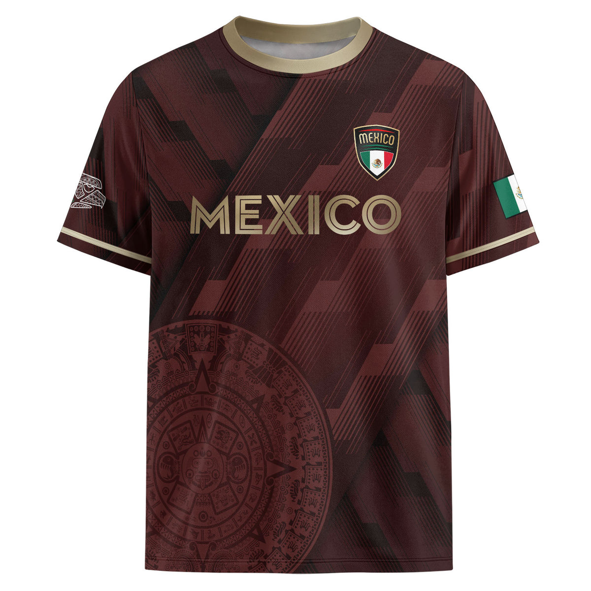 Camiseta de fútbol de México color burdeos con piedra solar azteca dorada y escudo del águila