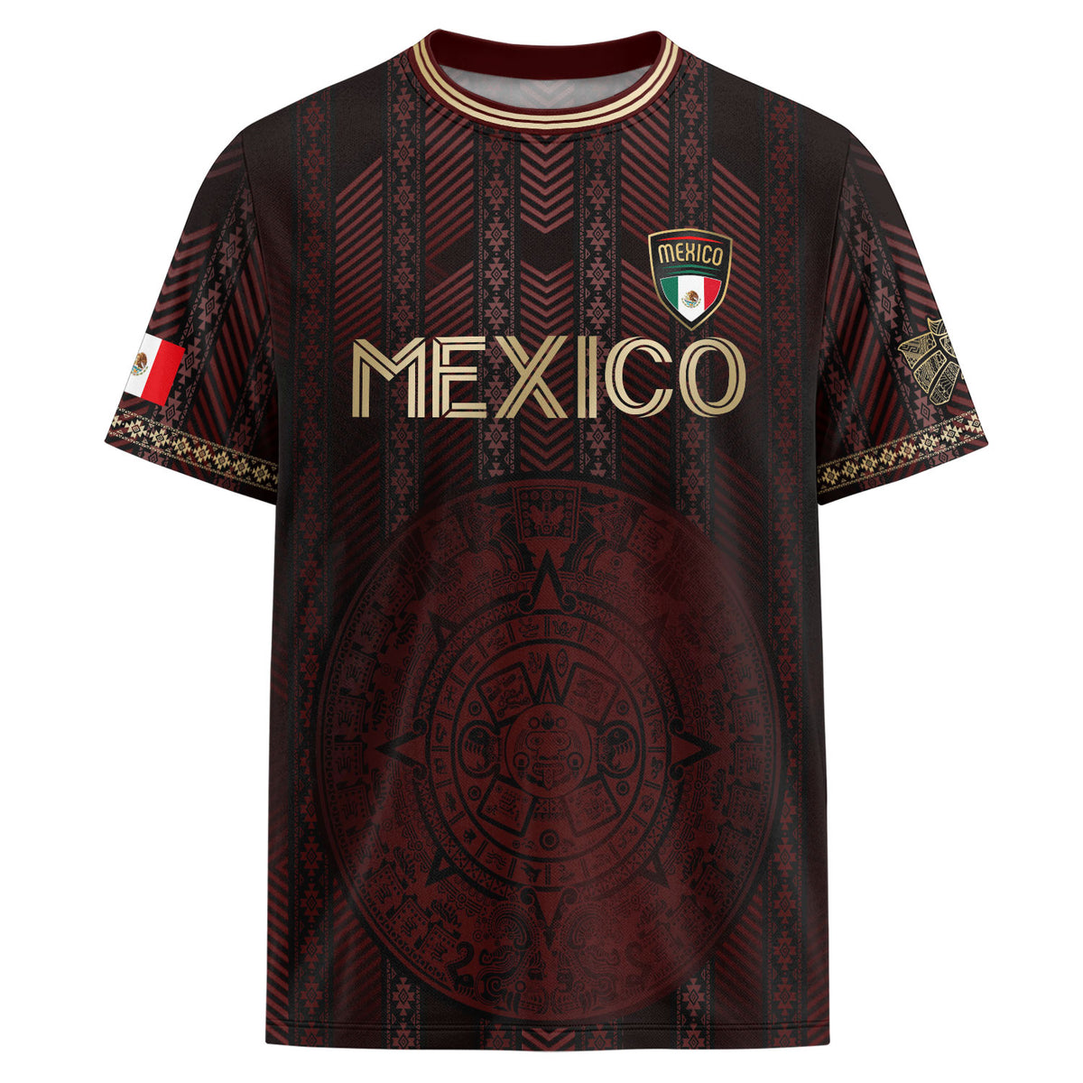 Camiseta de fútbol de México color burdeos con calendario azteca dorado y escudo del águila
