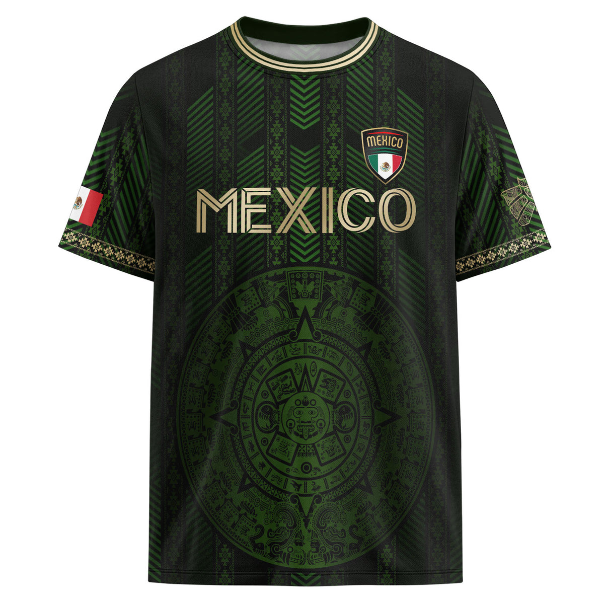 Mexico Green Soccer Jersey with Golden Aztec Calendar and Eagle Crest