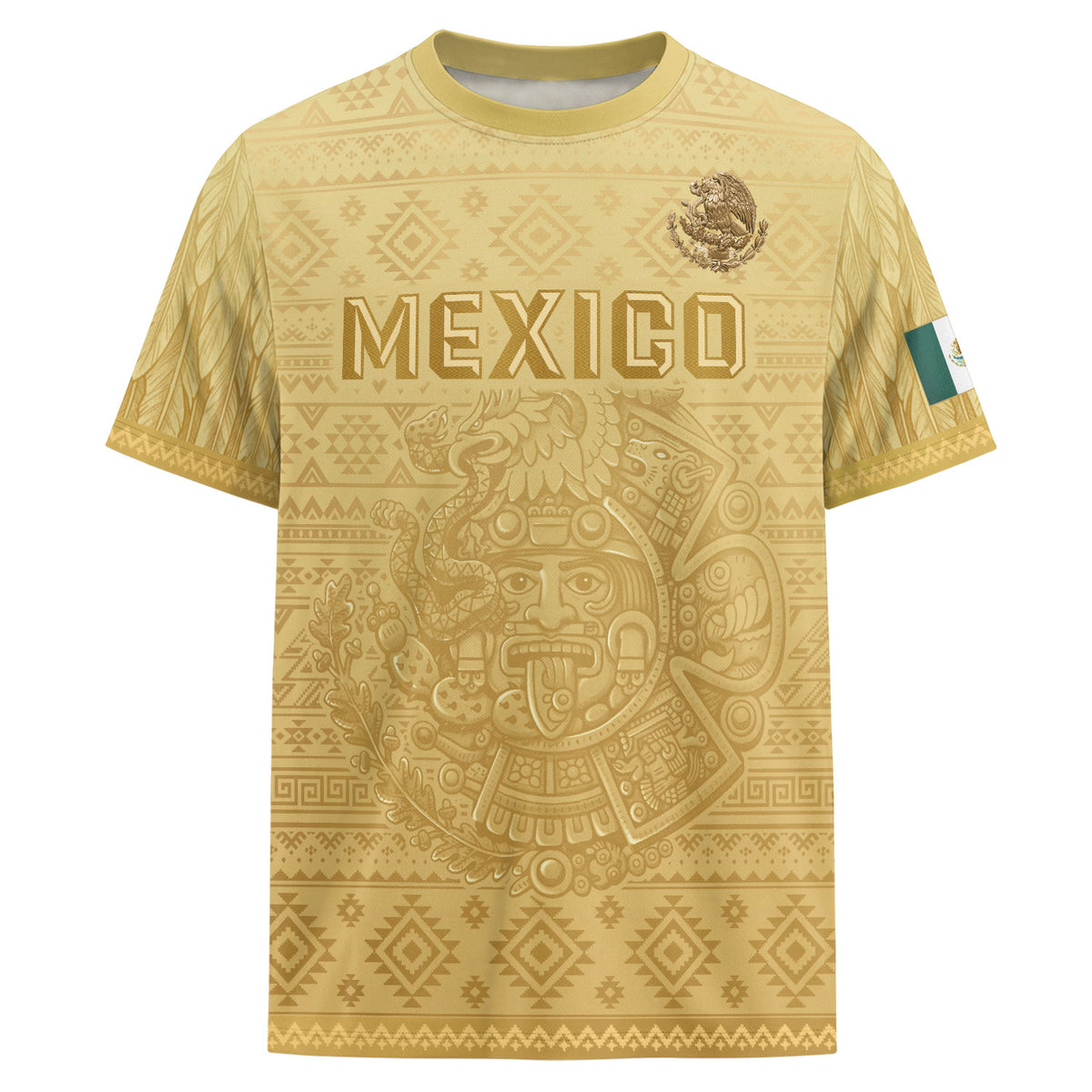 Mexico Heritage Soccer Jersey, Yellow Gold Aztec Calendar Design Sports Jersey for Men