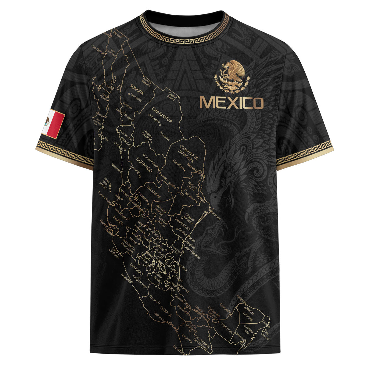 Camiseta de fútbol premium con emblema de águila azteca verde y dorado de México