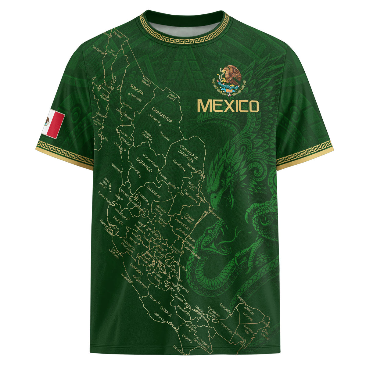 Camiseta de fútbol premium con emblema de águila azteca verde y dorado de México