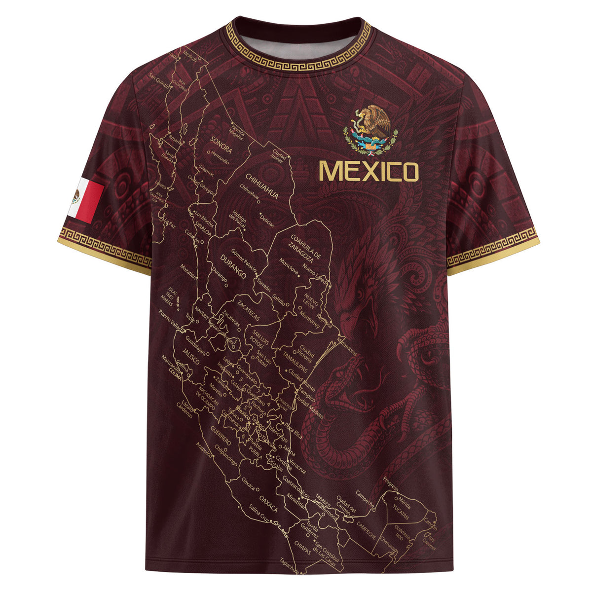 Camiseta de fútbol premium con emblema de águila azteca verde y dorado de México
