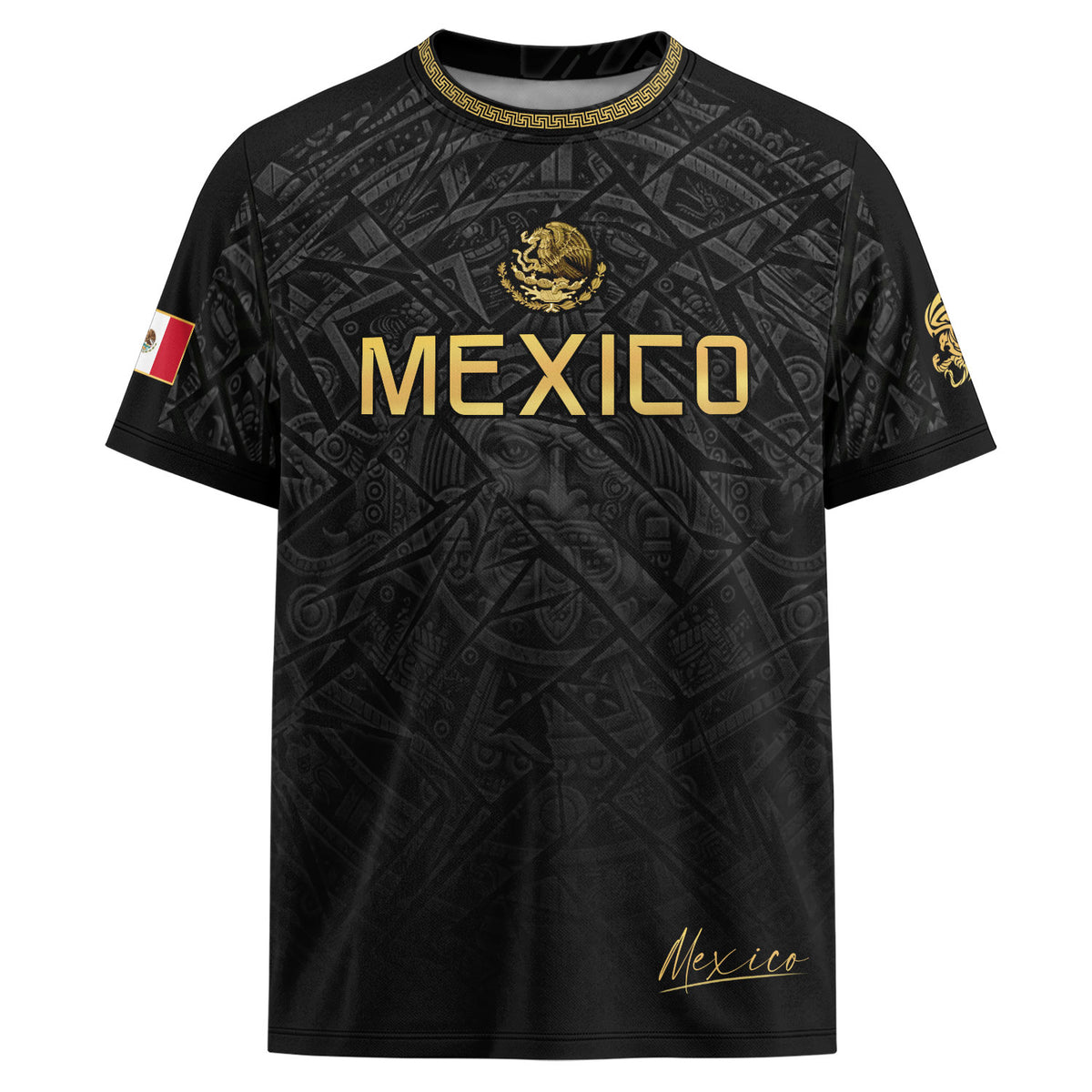 Camiseta de fútbol premium con emblema de águila azteca verde y dorado de México