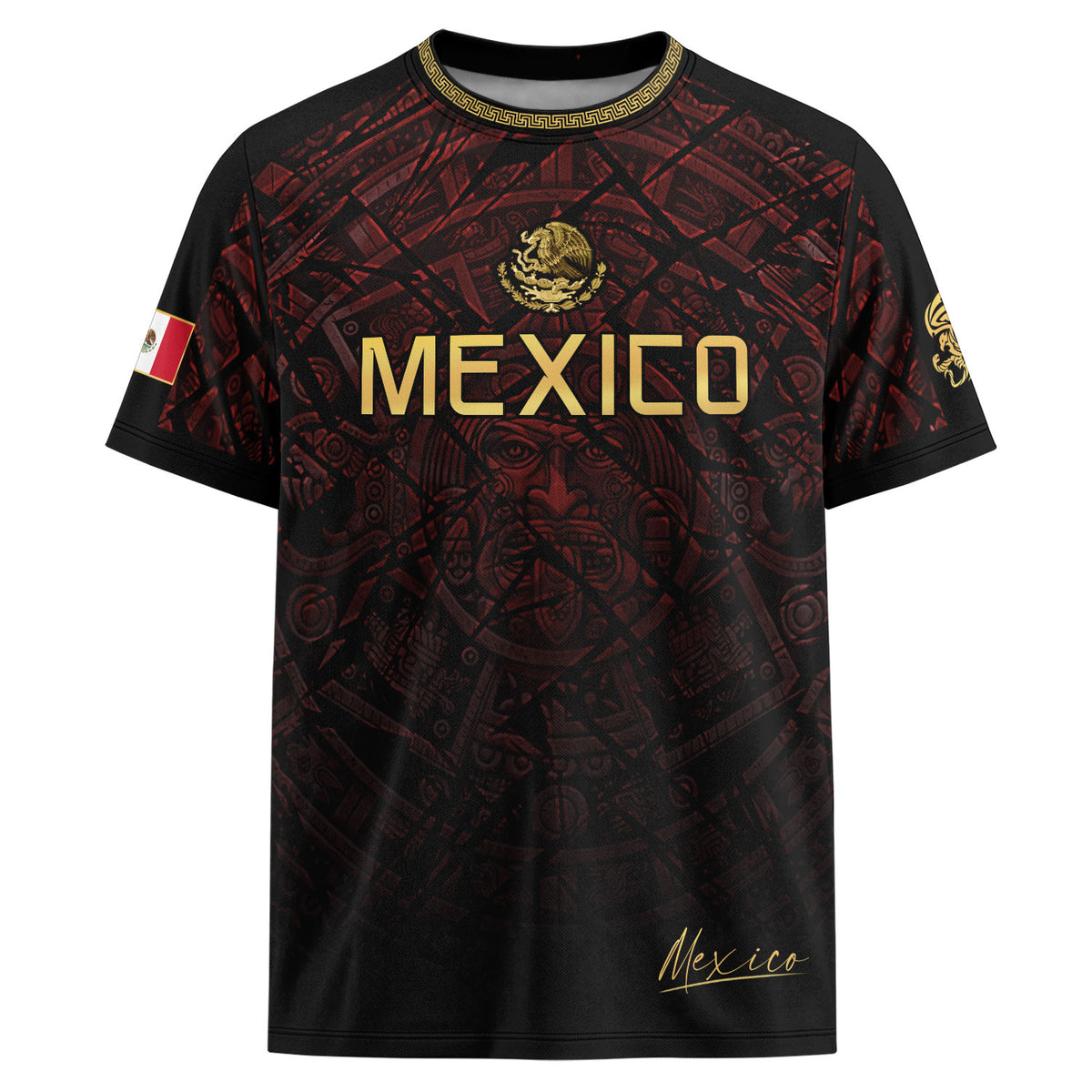 Camiseta de fútbol premium con emblema de águila azteca verde y dorado de México