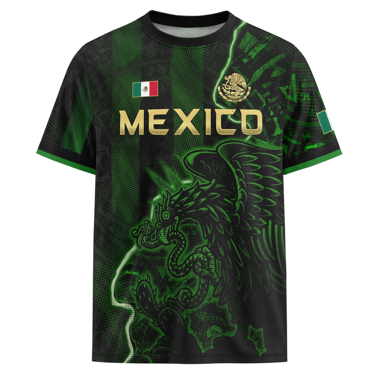 Camiseta de fútbol premium con emblema de águila azteca verde y dorado de México