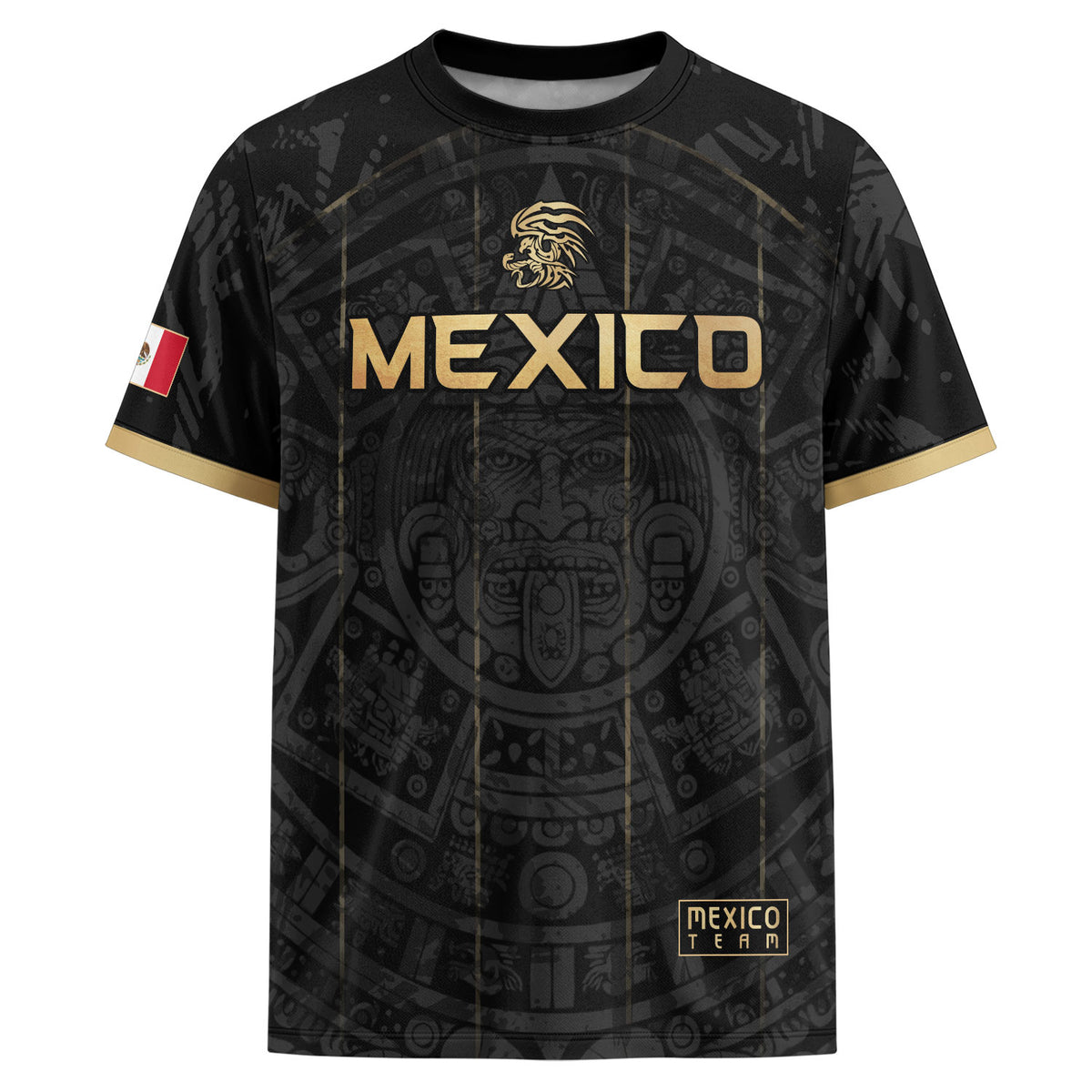 Camiseta de fútbol premium con emblema de águila azteca verde y dorado de México