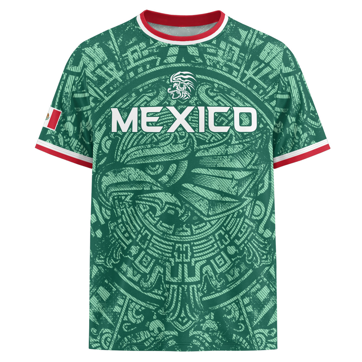 Camiseta de fútbol premium con emblema de águila azteca verde y dorado de México