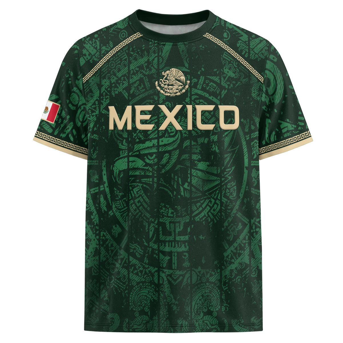 Camiseta de fútbol premium con emblema de águila azteca verde y dorado de México