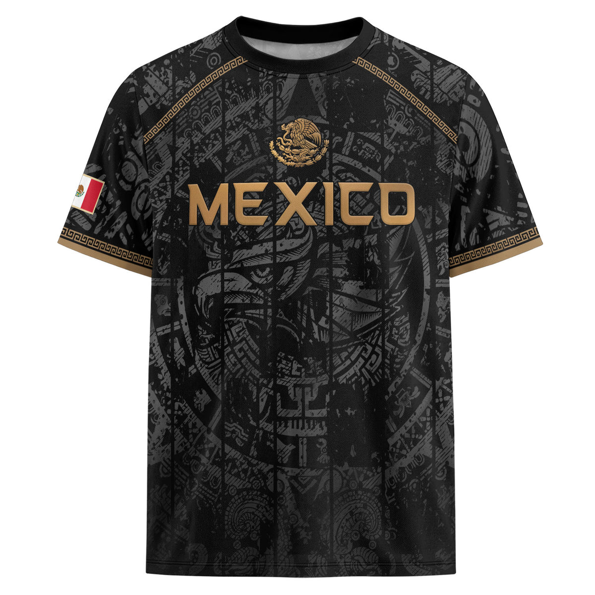 Camiseta de fútbol premium con emblema de águila azteca verde y dorado de México