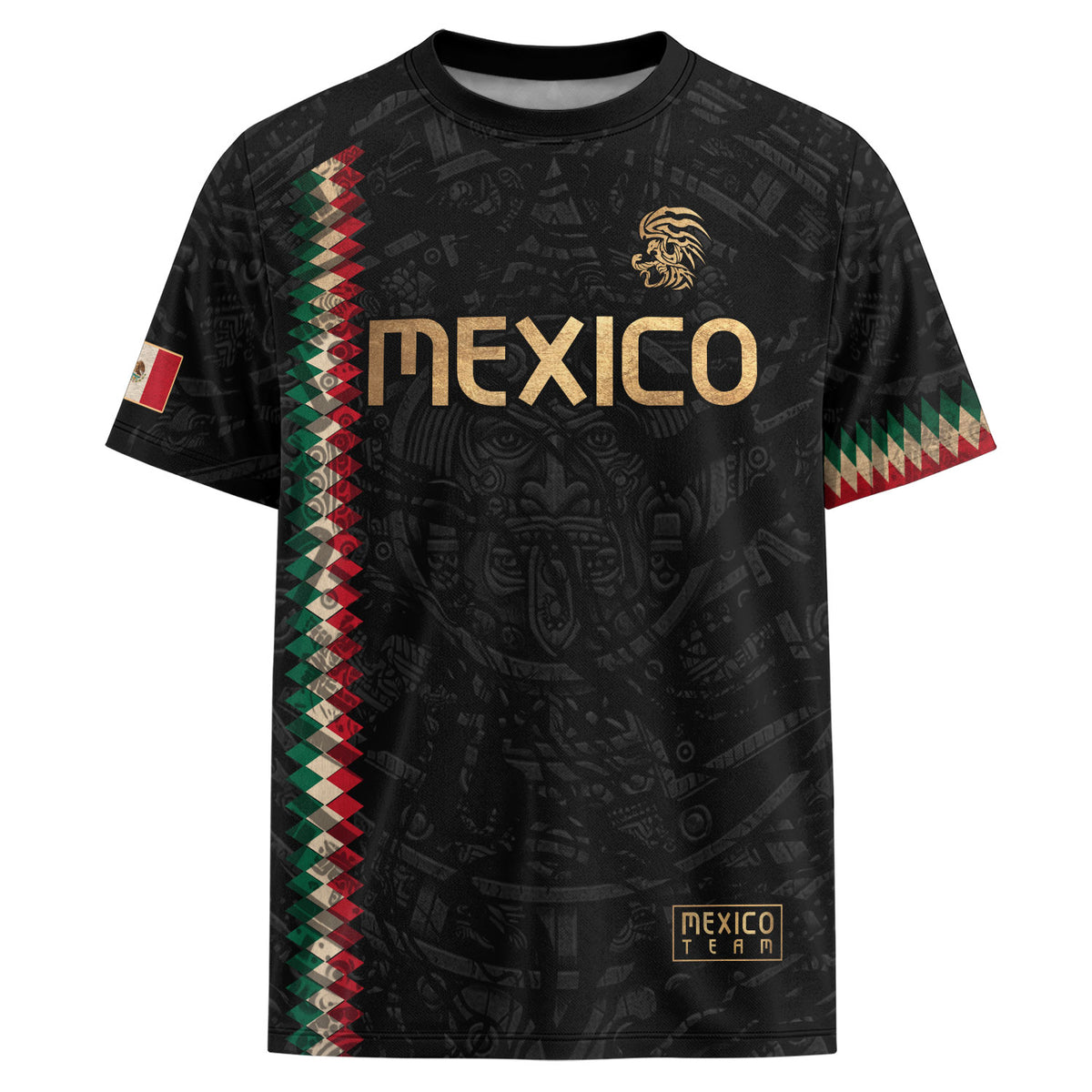 Camiseta de fútbol premium con emblema de águila azteca verde y dorado de México
