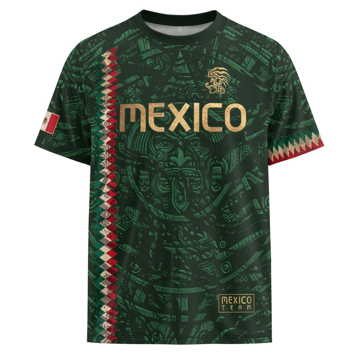 Camiseta de fútbol premium con emblema de águila azteca verde y dorado de México