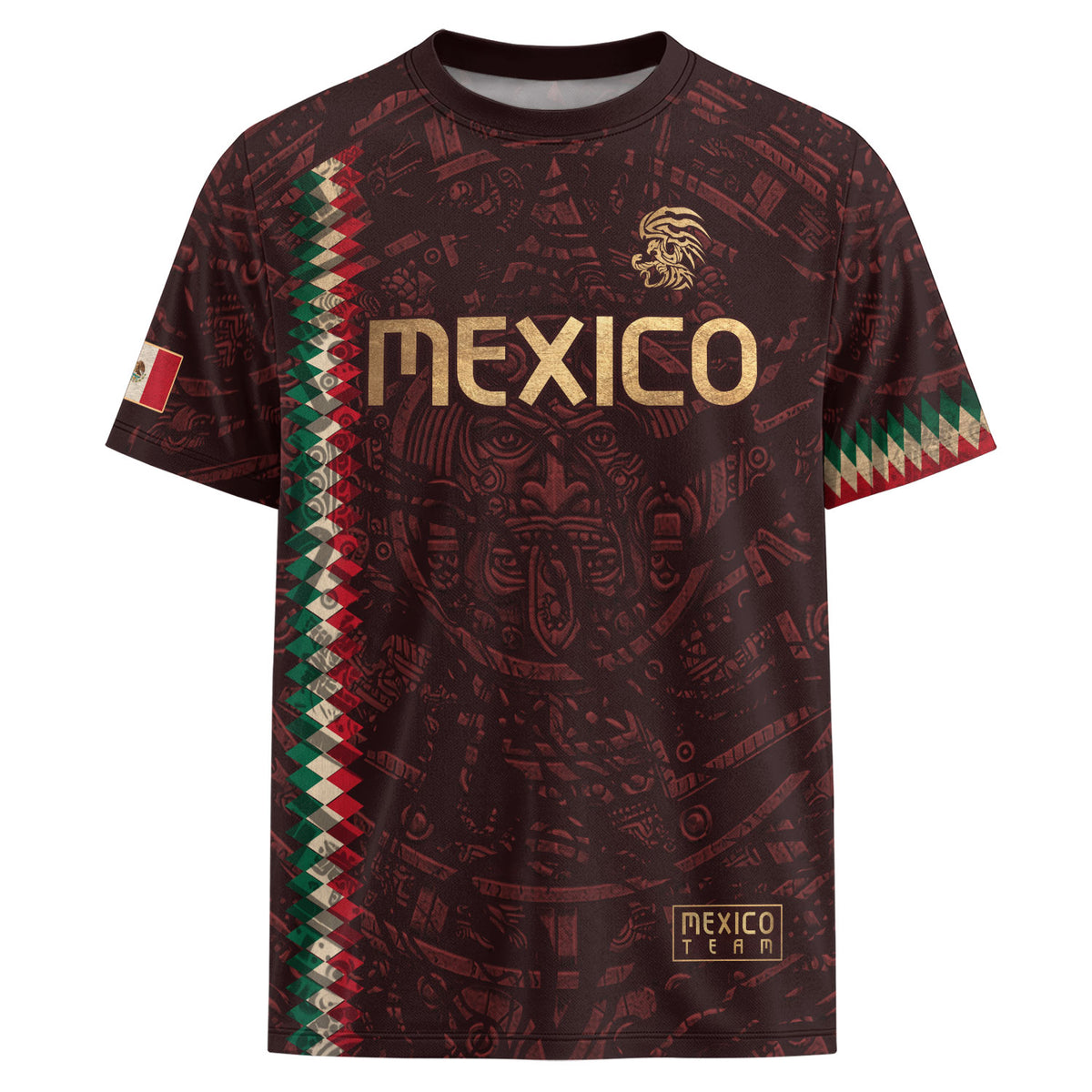 Camiseta de fútbol premium con emblema de águila azteca verde y dorado de México