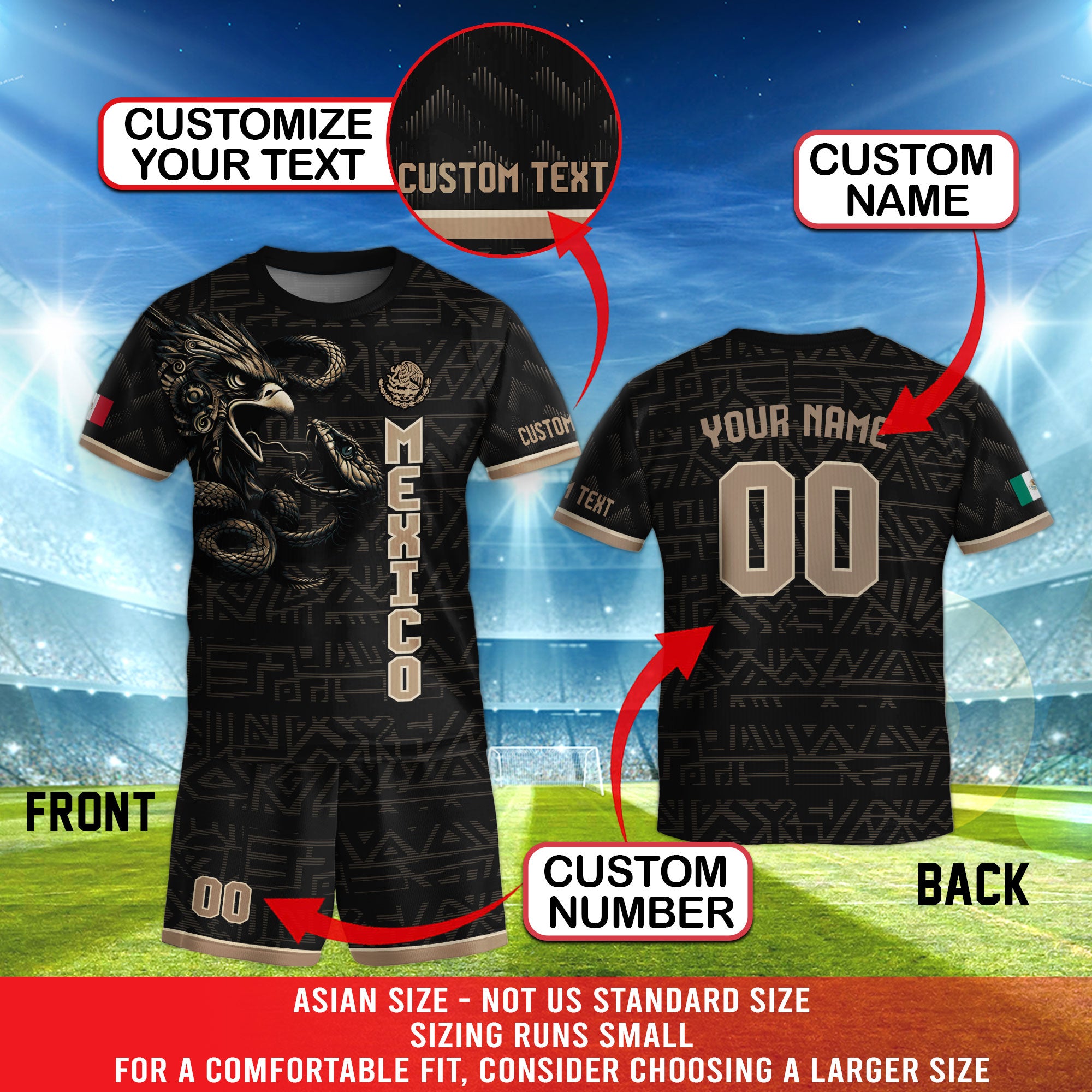Custom Mexico Kids Soccer Jersey Set Black Gold Heritage Eagle Snake