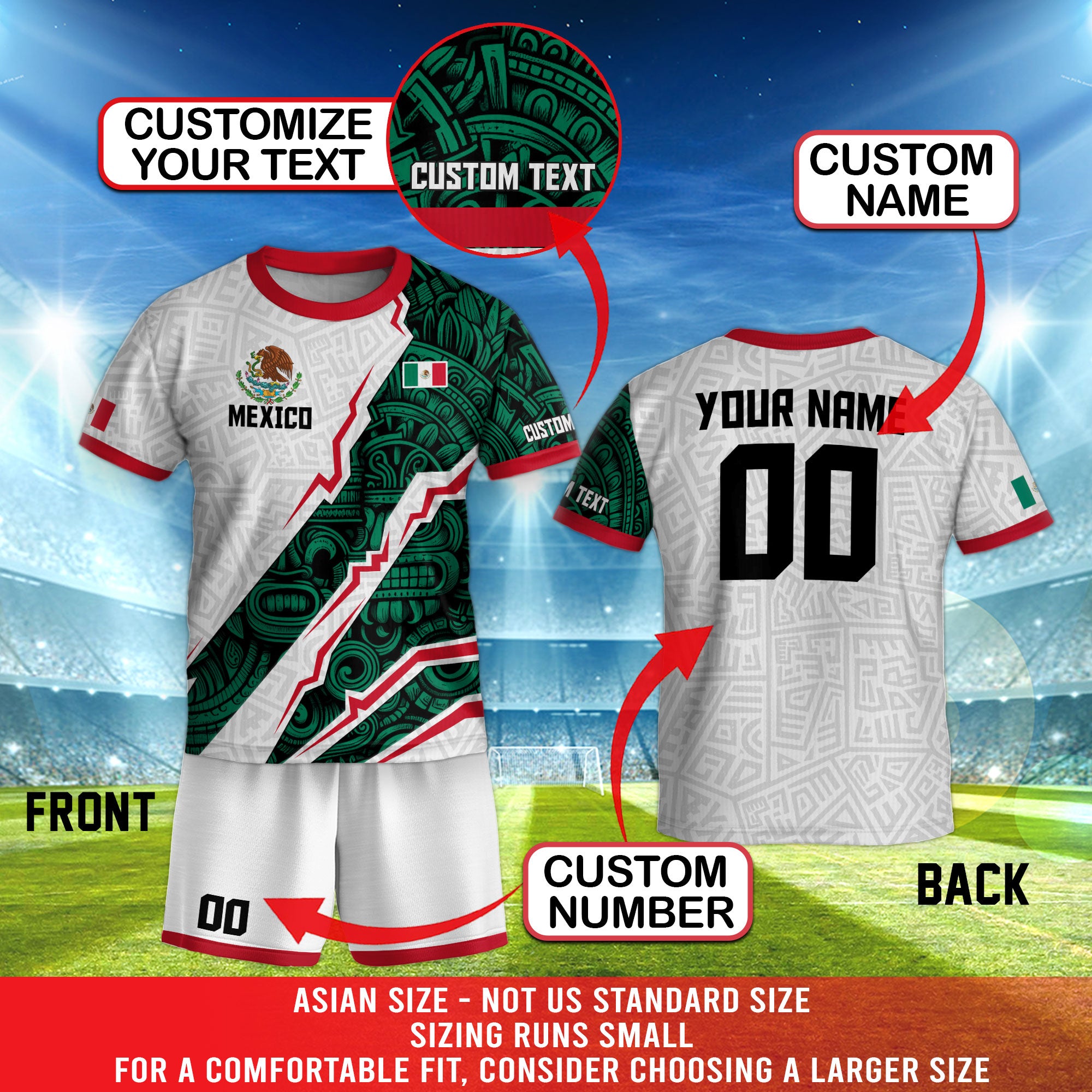 Mexico Custom Soccer Jersey for Kids – White & Green Aztec Design