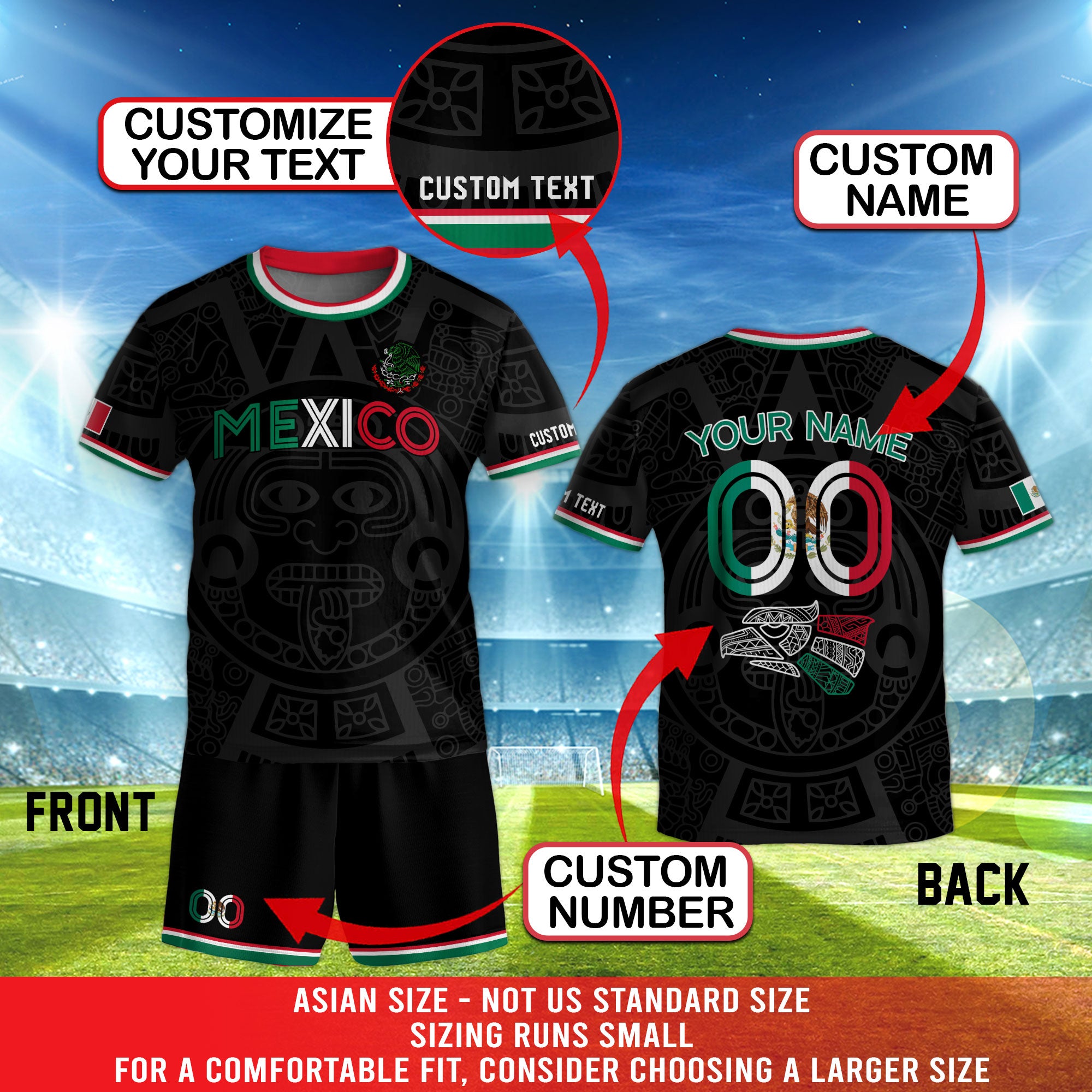 Custom Mexico Kids Soccer Jersey Black Heritage Pattern