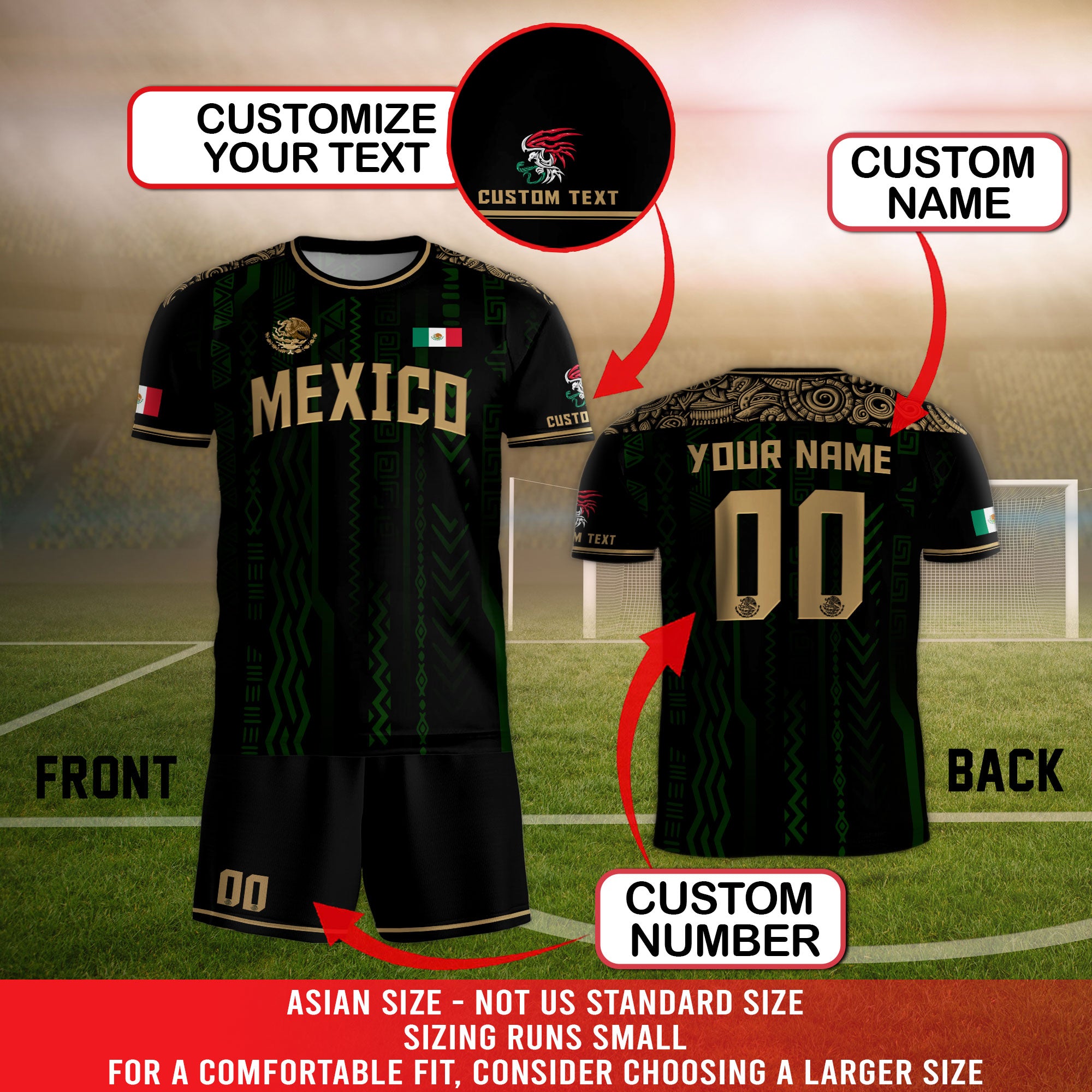 Custom Mexico Soccer Jersey Black Gold Aztec Pattern