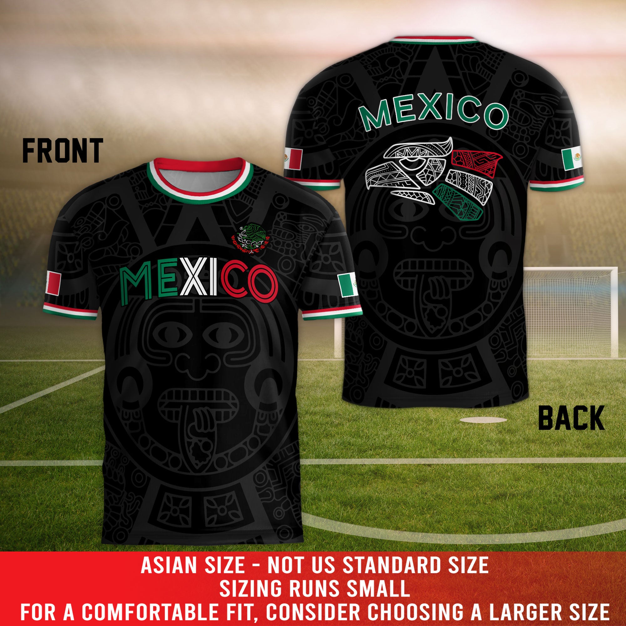 Soccer Jersey Mexico Black Aztec Pattern with Tricolor Accents