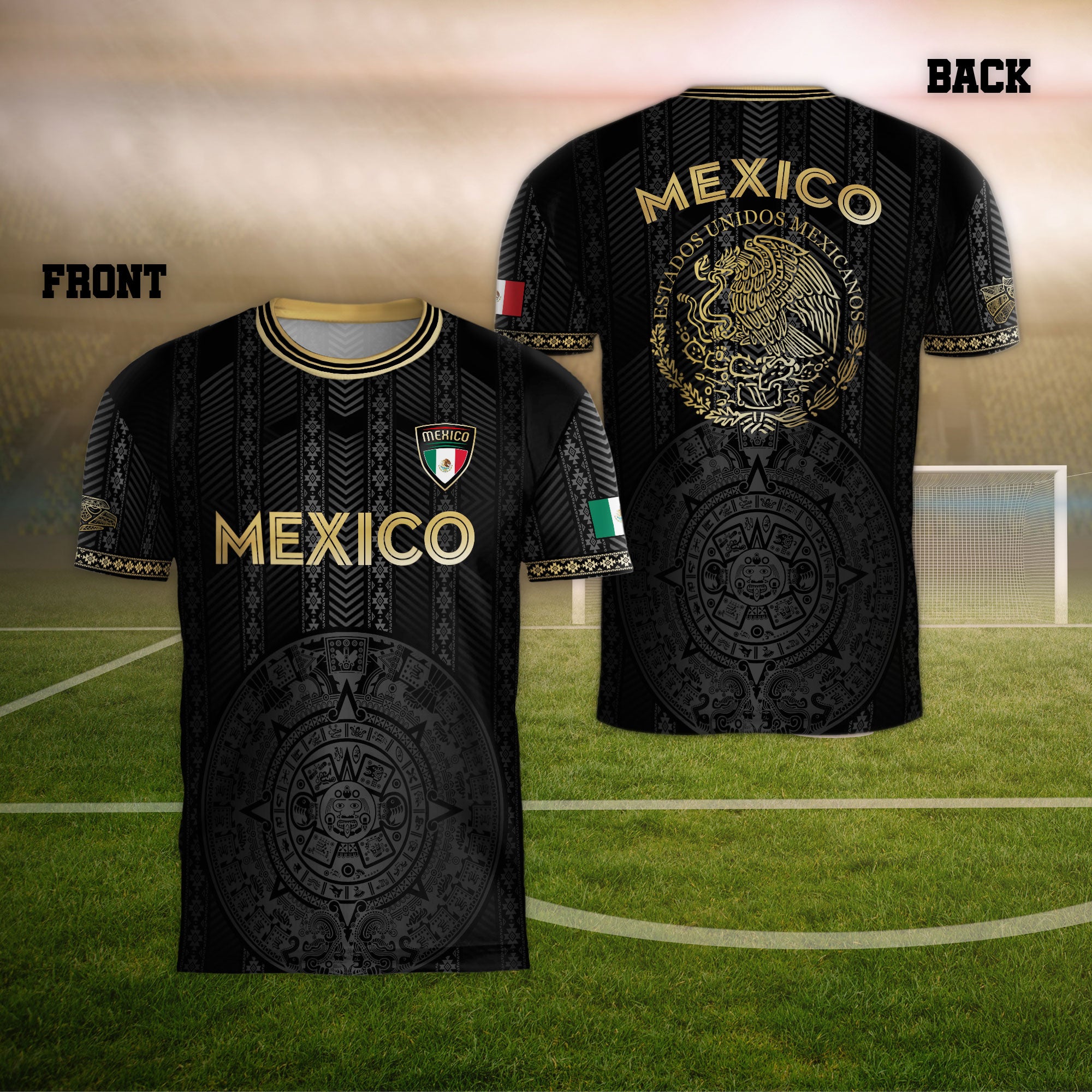 Mexico Soccer Jersey Black Gold Aztec Calendar Design