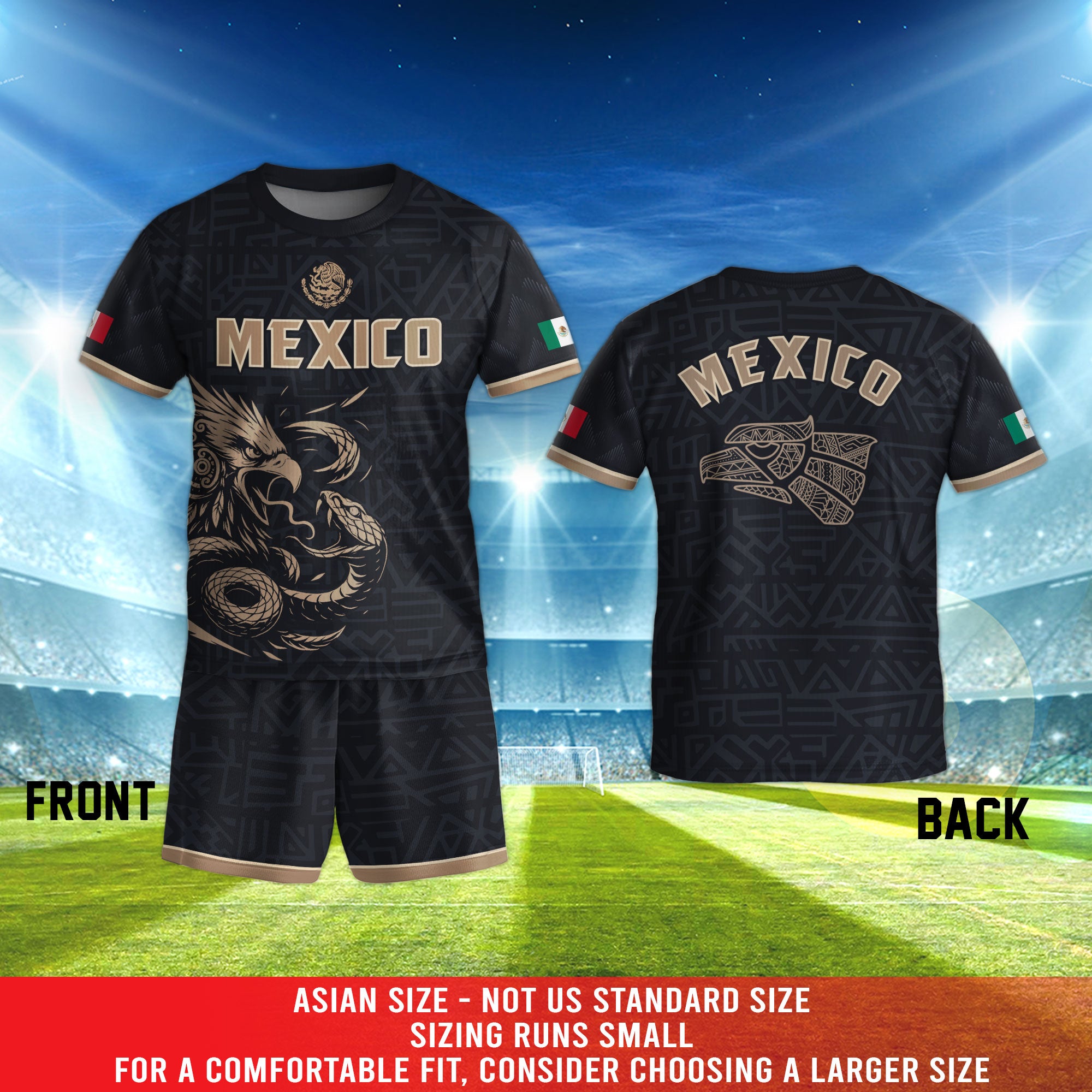Mexico Kids Soccer Jersey Black Gold Aztec Eagle Serpent Design
