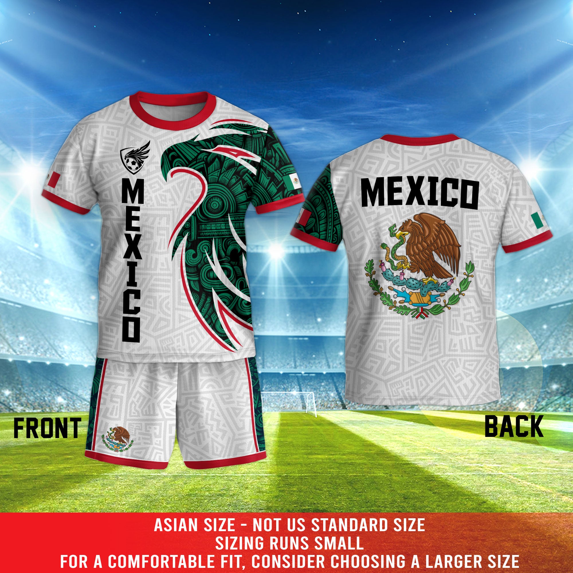 Mexico Kids Soccer Jersey White Green Aztec Eagle Design