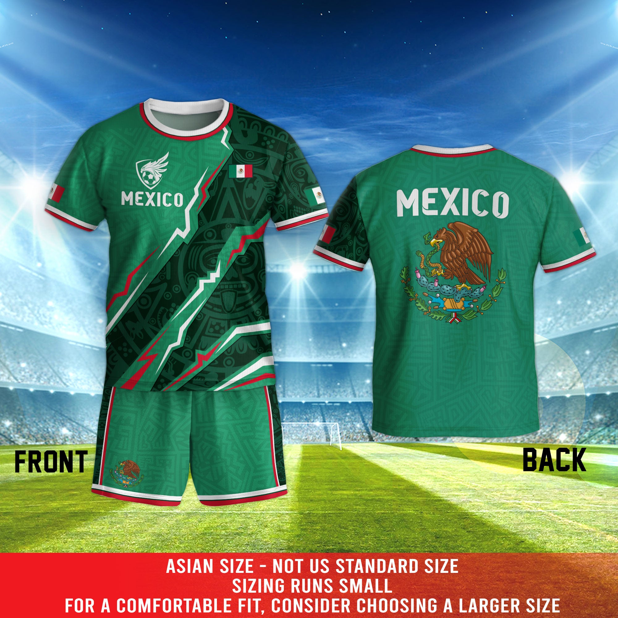 Mexico Kids Green Aztec Pattern Crest Design Soccer Jersey
