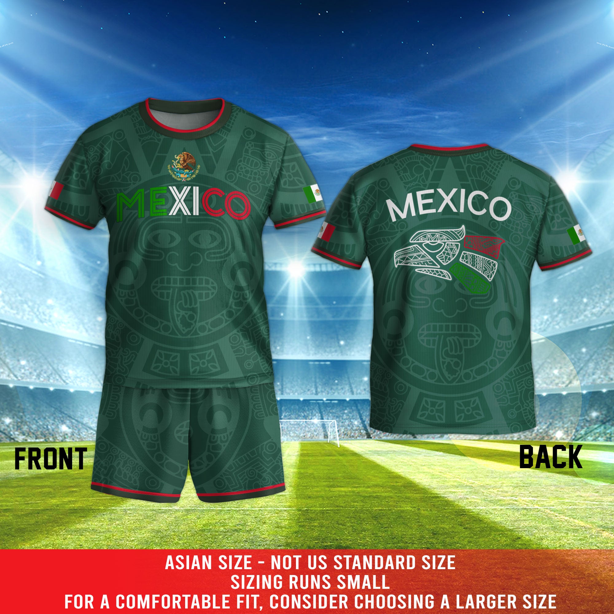Mexico Kids Green Flag Colors Aztec Pattern Design Soccer Jersey