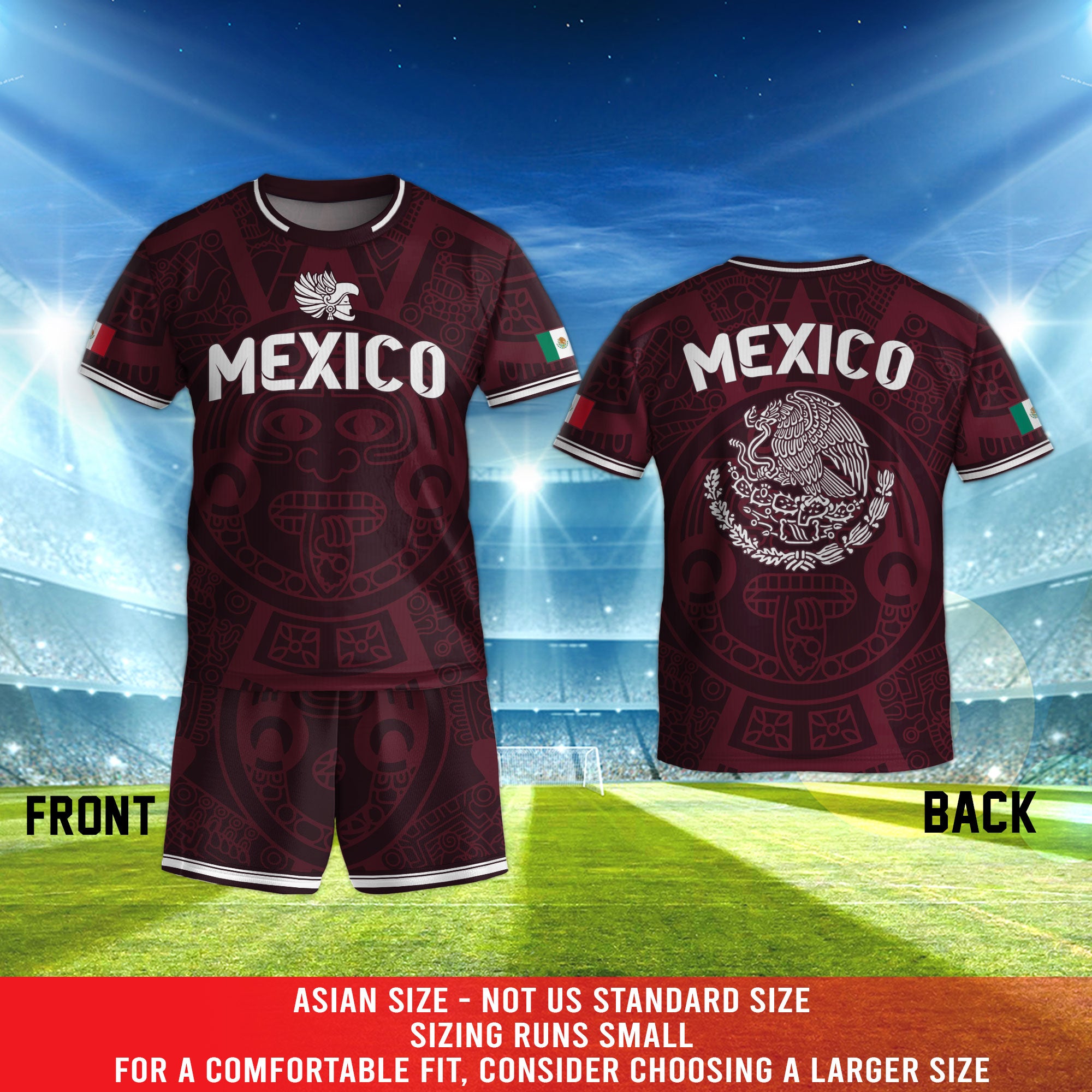 Mexico Kids Burgundy Aztec Pattern Crest Design Soccer Jersey