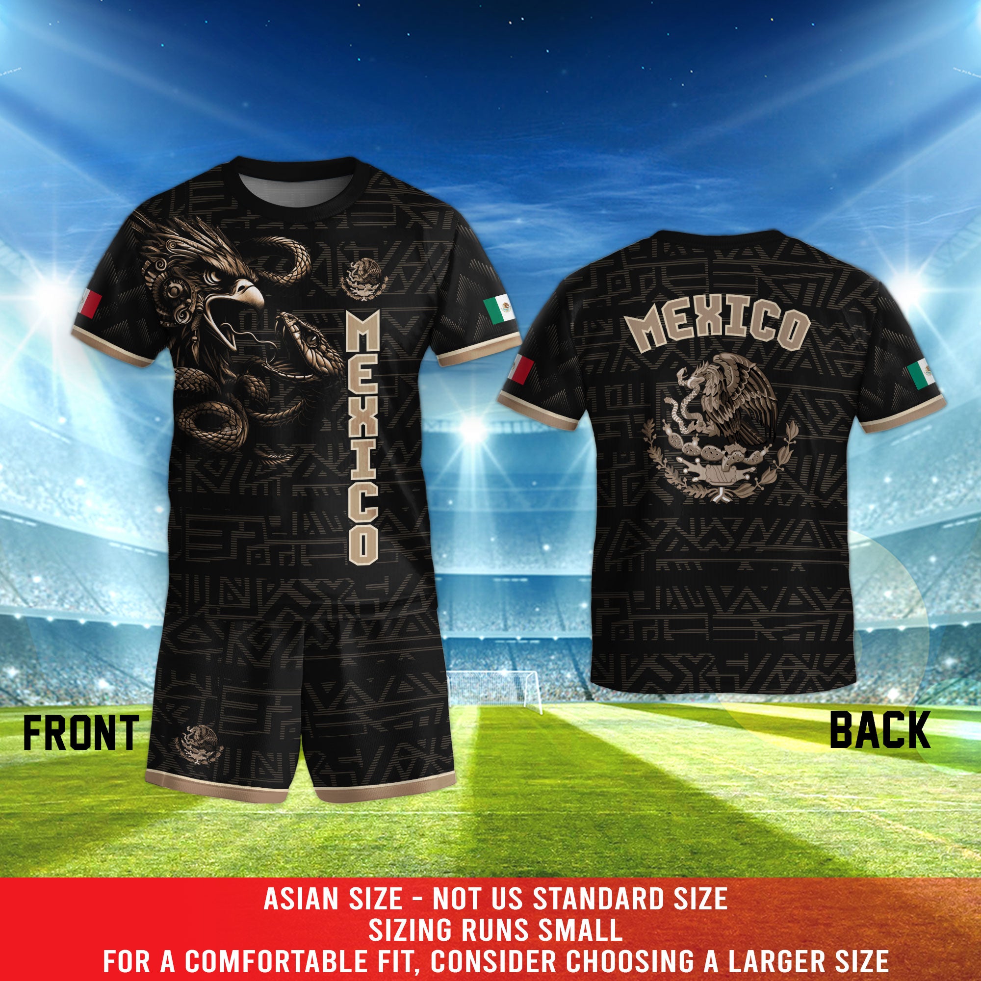 Mexico Kids Black Gold Aztec Eagle Serpent Design Soccer Jersey