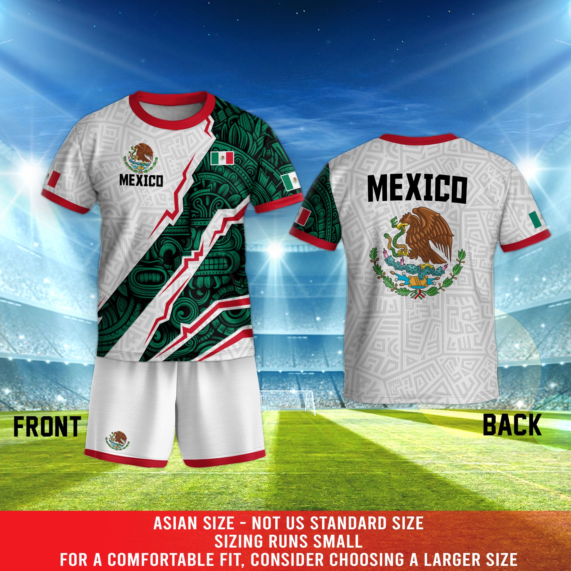 Mexico Kids White Green Aztec Pattern Flag Design Soccer Jersey