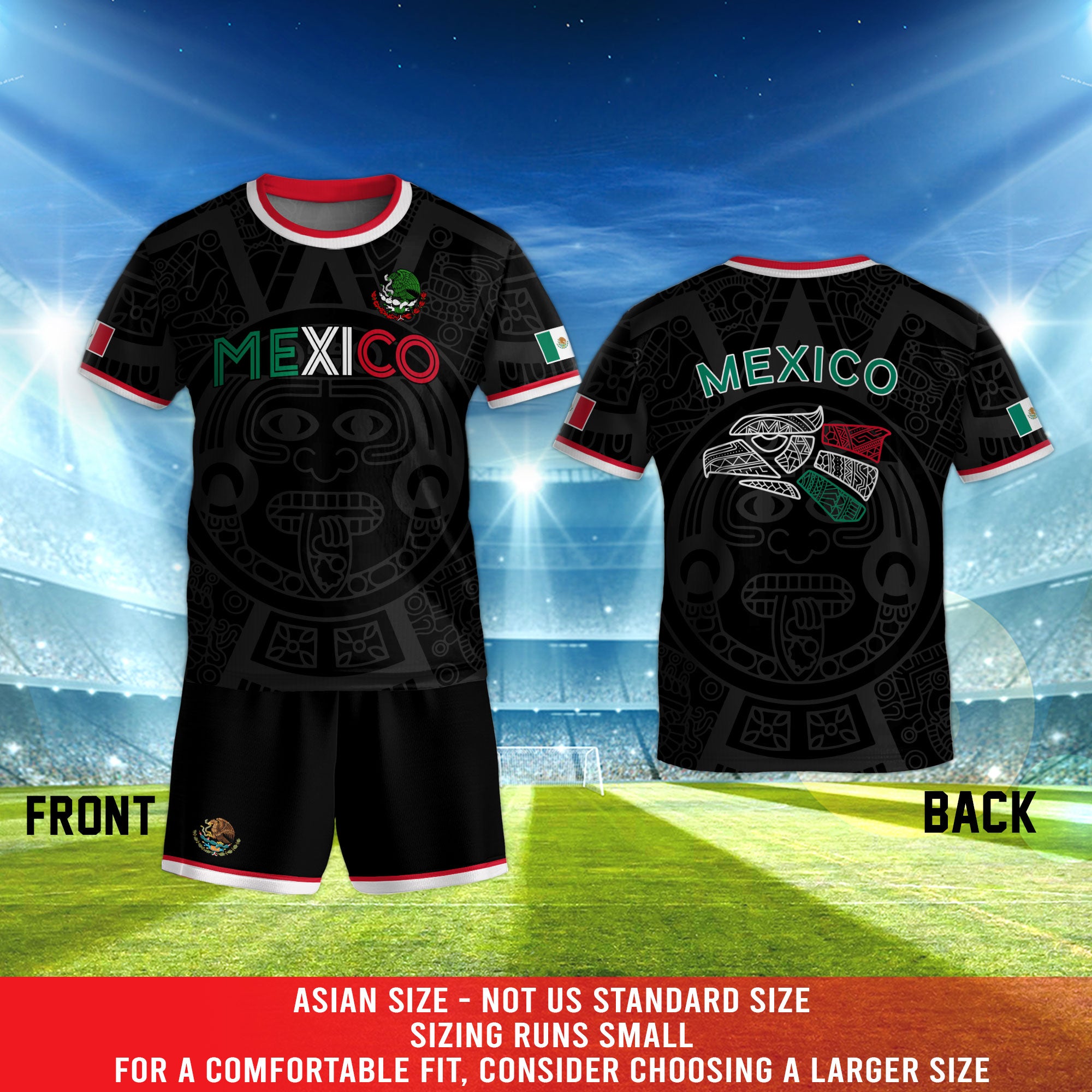 Mexico Kids Soccer Jersey Black Aztec Flag Colors Design