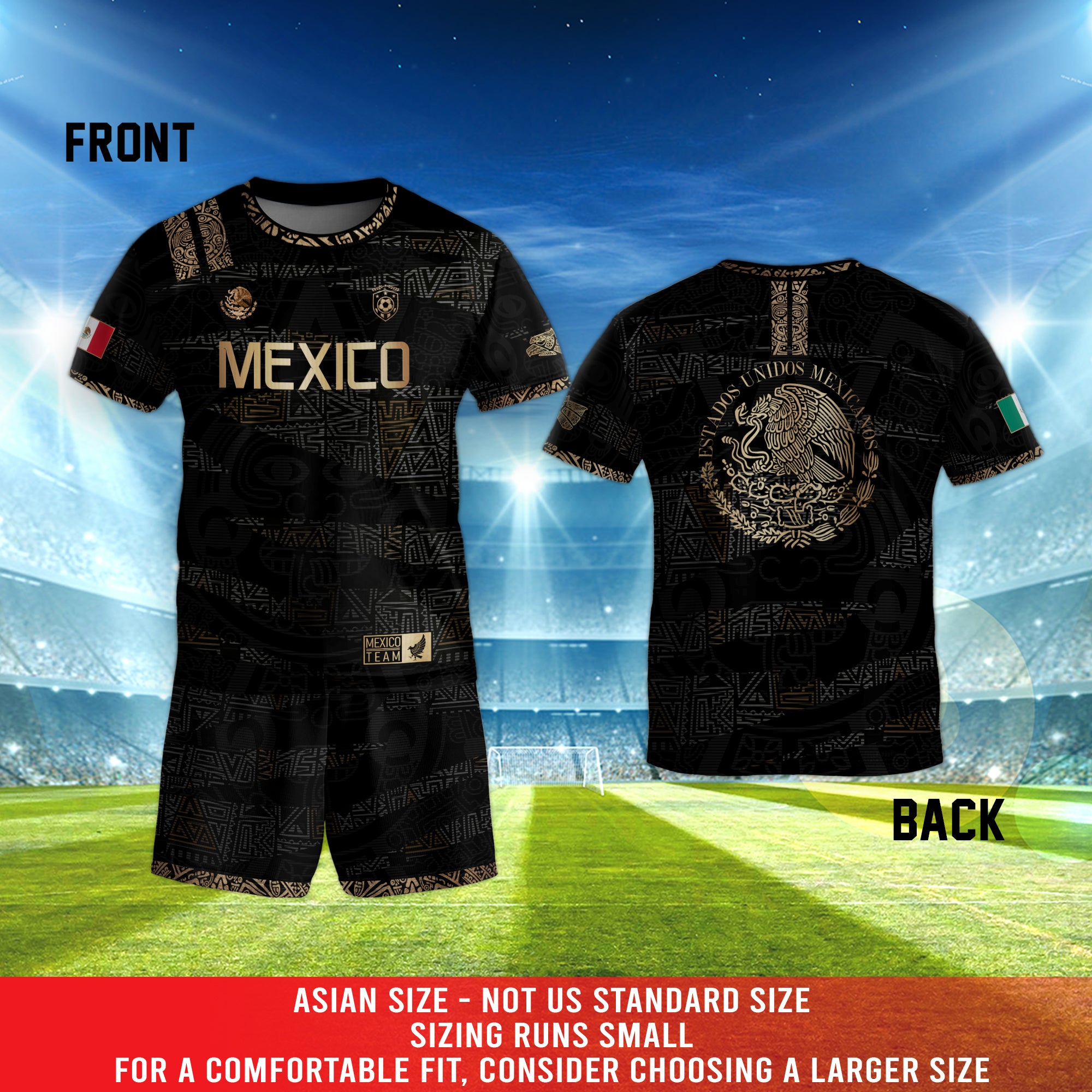 Mexico Kids Soccer Jersey Black Gold Aztec Pattern Crest Design