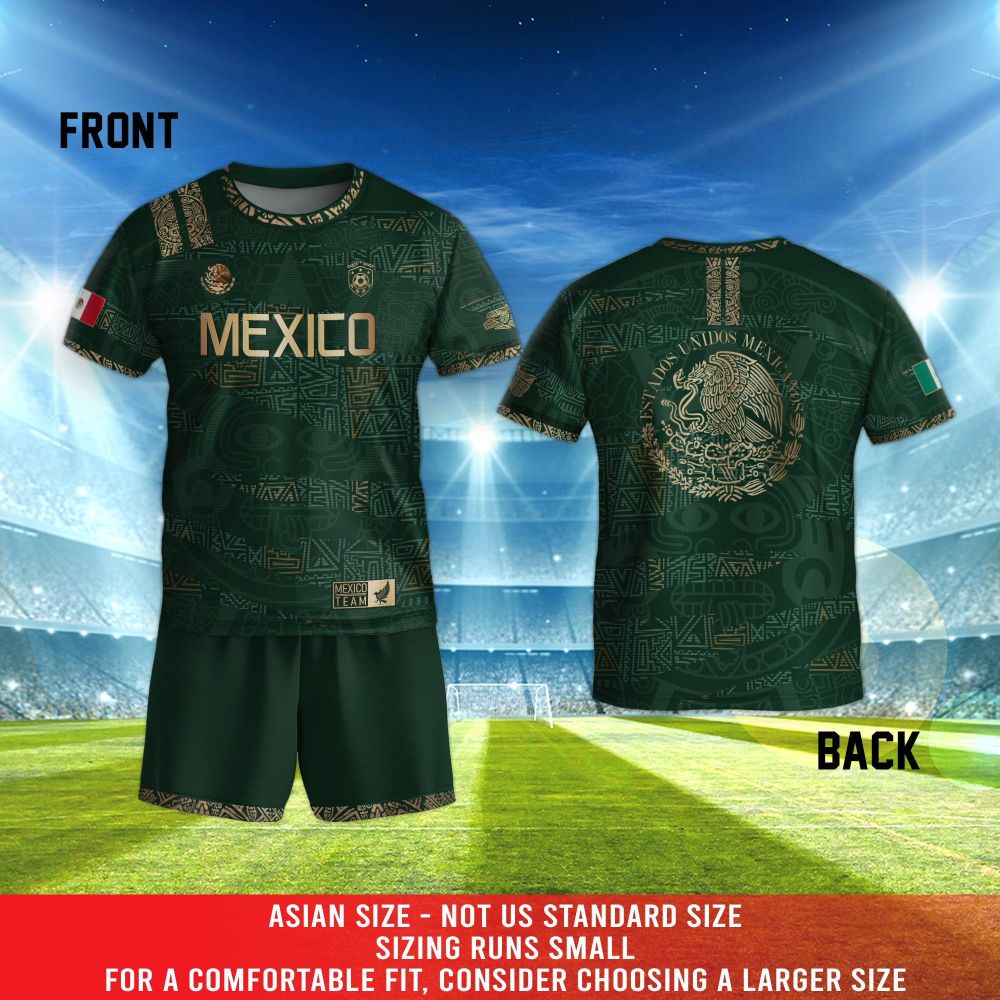 Mexico Kids Soccer Jersey Green Gold Aztec Pattern Crest Design Soccer Jersey