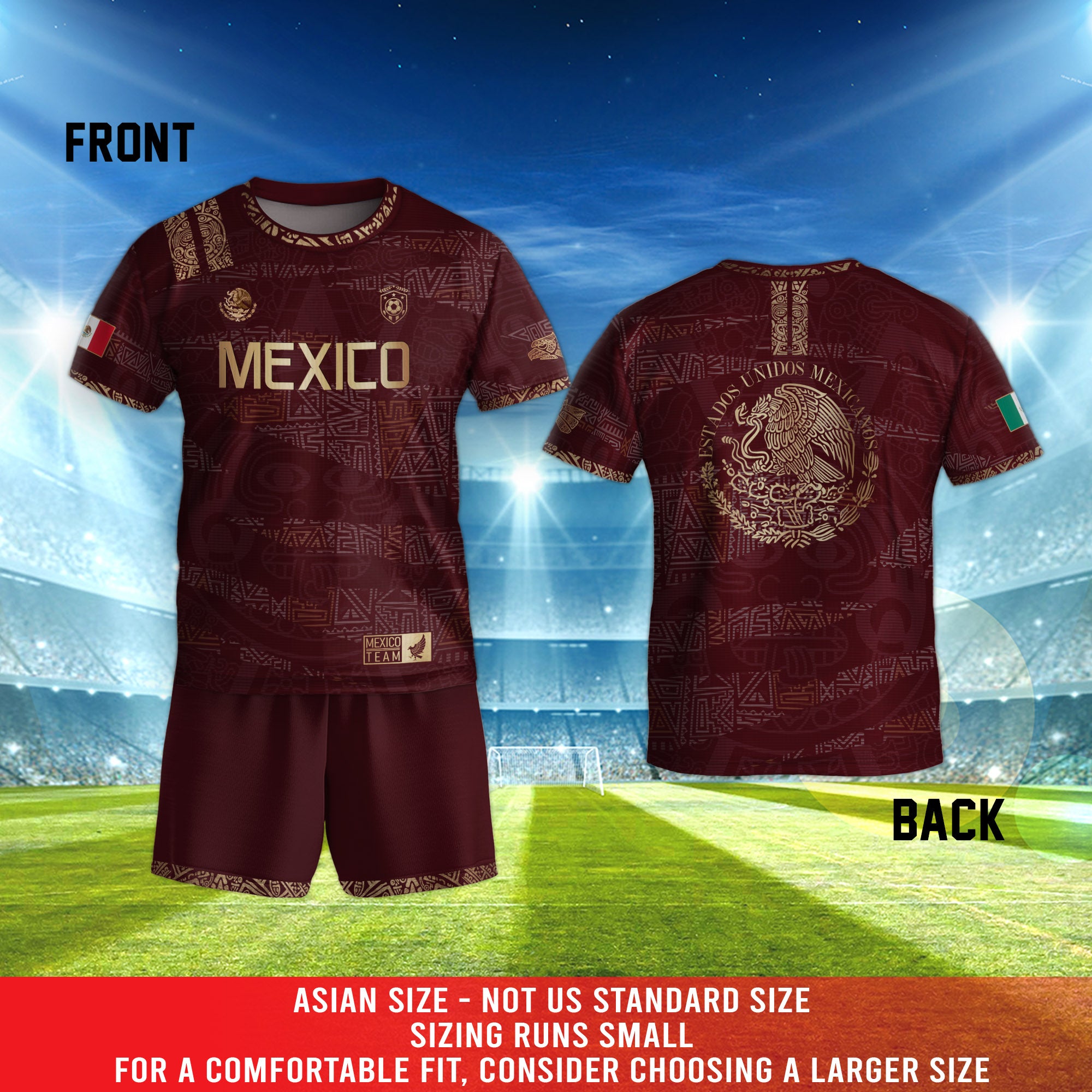 Mexico Kids Soccer Jersey Burgundy Gold Aztec Pattern Crest Design